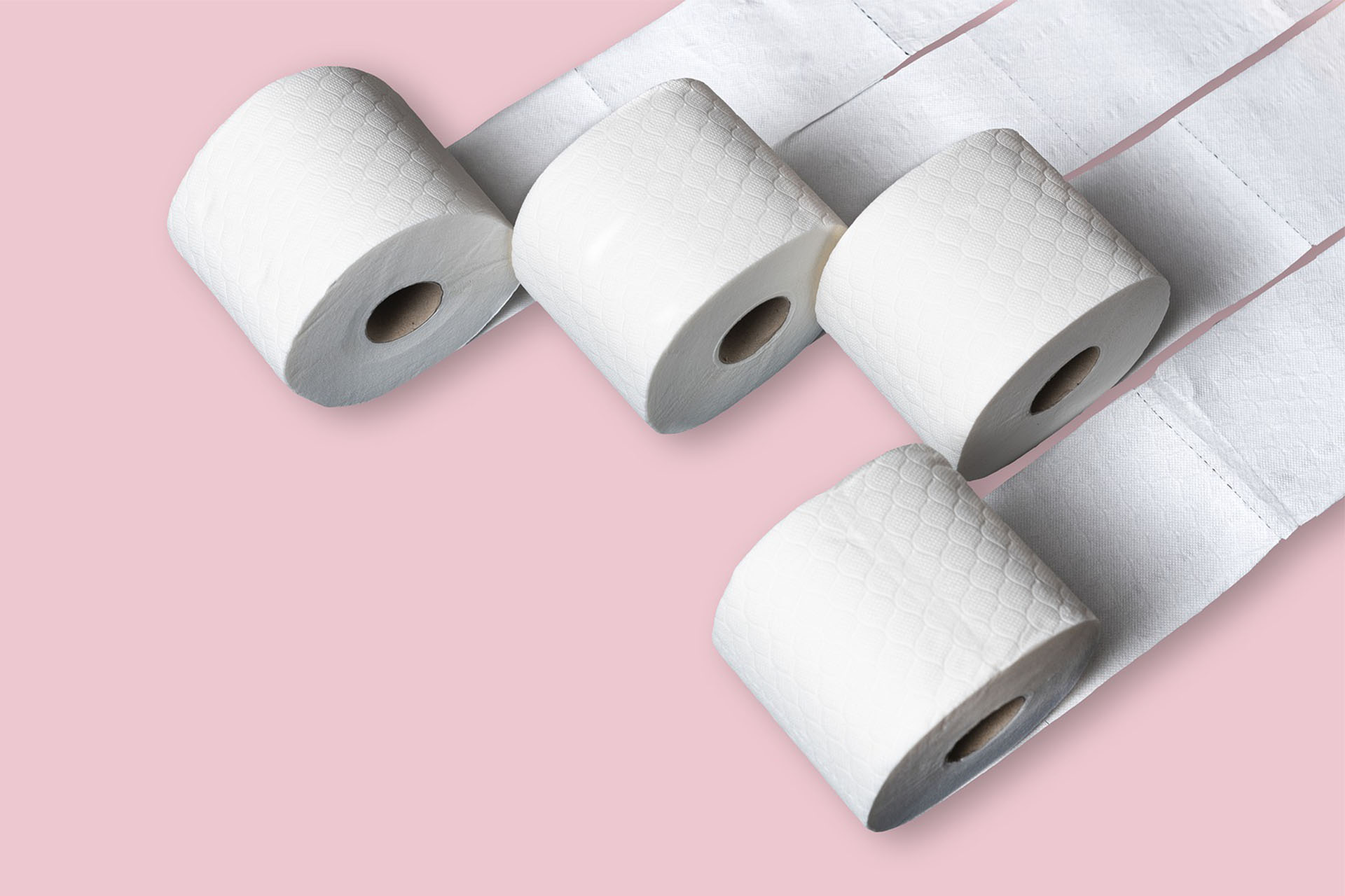 Four rolls of toilet paper on a pink background